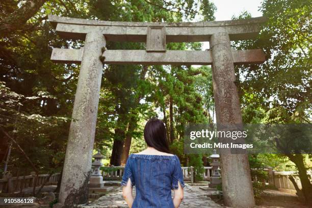 rear view of young woman wearing blue dress standing at shinto sakurai shrine, fukuoka, japan. - shintoismus stock-fotos und bilder
