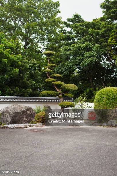 garden of a japanese buddhist temple with rocks and trees. - shingon buddhismus stock-fotos und bilder