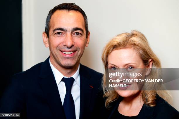French Ligue de football professionnel's president Nathalie Boy de La Tour , poses with French former football player Youri Djorkaeff, named...