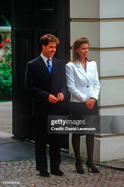 Viscount Linley and Lady Sarah Armstrong Jones watching the march past for the Queen Mother's 87th Birthday on August 4, 1987 outside Clarence House...