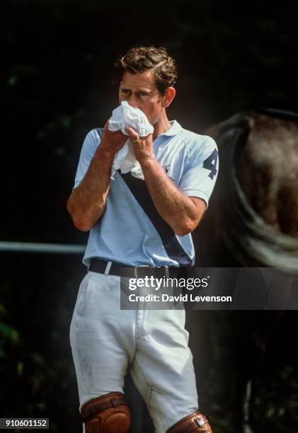 Prince Charles blows his nose in a handkerchief having played a Polo match on July, 1987 at Cowdray Park, West Sussex. Specific date of photograph...