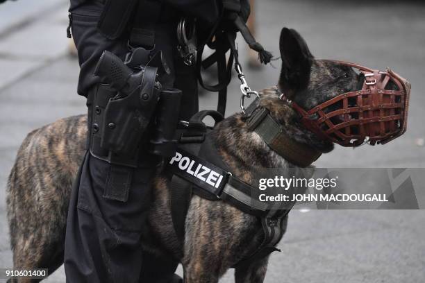 Dog of the German police k9 Unit stands aside during a demonstration against the ongoing Turkish military campaign in the Kurdish-held Syrian enclave...