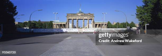 Panoramic view of the Berlin Wall towards East Berlin at Brandenburg Gate on May 02, 1987 in Berlin, Germany. Germany will celebrate the 20th...