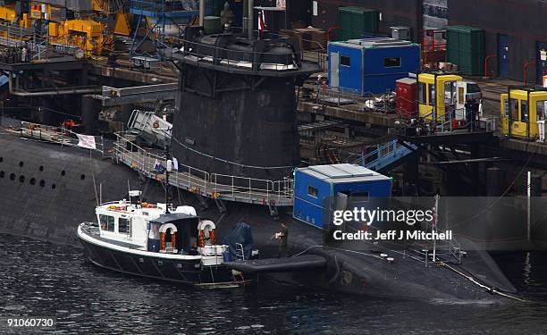 Trident submarine sits in dock at Faslane Naval base on September 23, 2009 in Faslane, Scotland. British prime minister Gordon Brown, will make an...