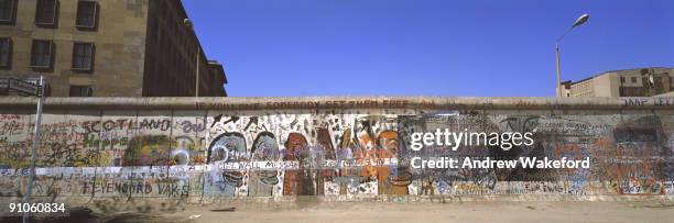 Panoramic view of the Berlin Wall towards East Berlin at Niederkirchnerstrasse and Wilhelmstrasse in Berlin's district of Kreuzberg on May 02, 1987...