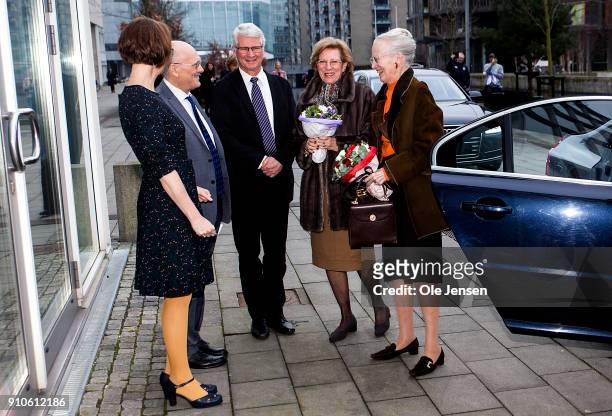 Queen Margrethe of Denmark and Queen Anne-Marie of Greece arrive to Copenhagen University where they participate at a symposium dedicated to the...