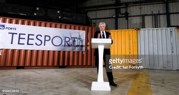Secretary of State for Exiting the EU David Davis delivers a speech during a visit to PD Ports at Teesport outlining the UK's ambitions for an...