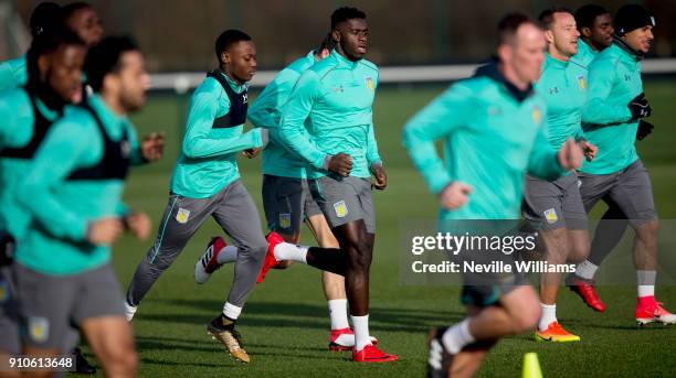 Axel Tuanzebe of Aston Villa in action during a Aston Villa training session at the club's training ground at Bodymoor Heath on January 26, 2018 in...