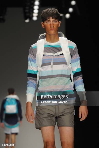 Model walks down the catwalk during the Christopher Shannon fashion show at the BFC tent, Somerset House, as part of 'Man' at London Fashion Week on...