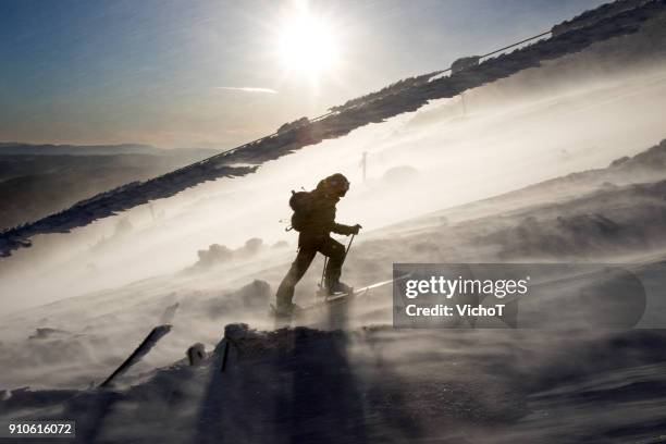 fondeuse dos escalader une montagne dans une tempête. - extreme skiing photos et images de collection