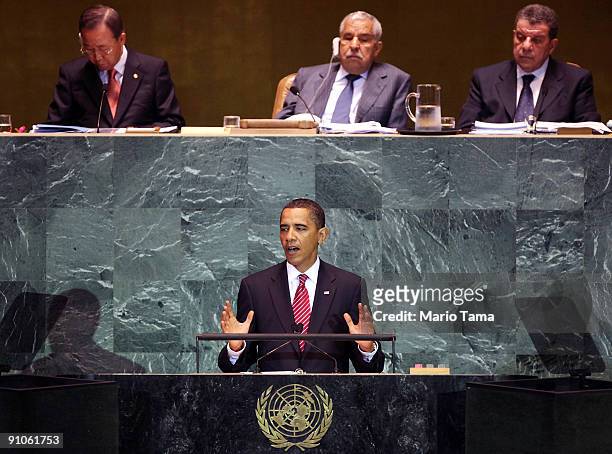 United States President Barack Obama delivers his first address to the United Nations General Assembly at U.N. Headquarters September 23, 2009 in New...