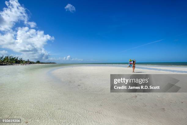 woman walking along beach at holbox island - holbox island stockfoto's en -beelden