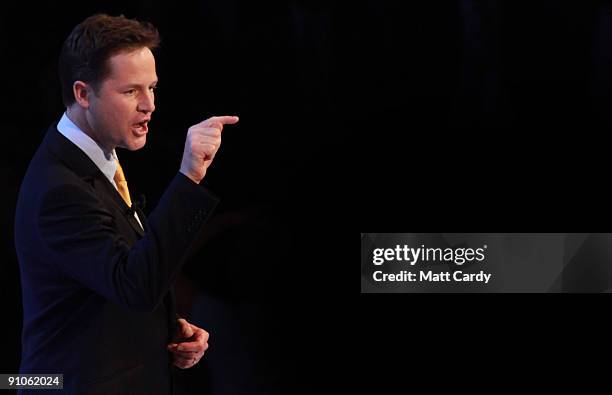 Leader of the Liberal Democrats, Nick Clegg, makes his leadership speech at the Bournemouth International Centre on September 23, 2009 in...
