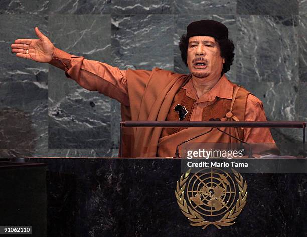 Libyan leader Col. Moammar Gadhafi delivers an address to the United Nations General Assembly at U.N. Headquarters September 23, 2009 in New York...