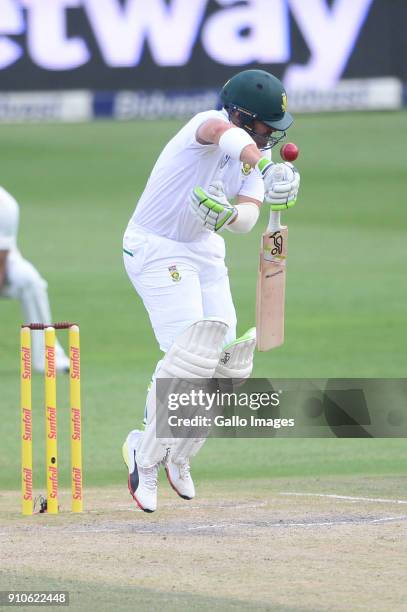 Dean Elgar of the Proteas hit on the head by Jasprit Bumrah of India during day 3 of the 3rd Sunfoil Test match between South Africa and India at...