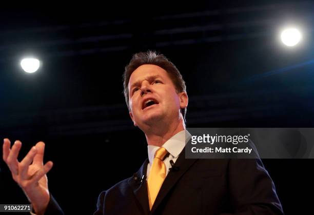Leader of the Liberal Democrats, Nick Clegg makes his leadership speech at the Bournemouth International Centre on September 23, 2009 in Bournemouth,...