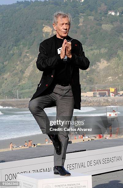 Actor Sir Ian McKellen attends a photocall before receiving a "Donosti" award at the Kursaal Palace during the 57th San Sebastian International Film...
