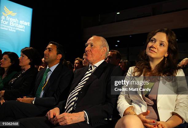 Menzies Campbell and Nick Clegg's speech writer Polly Mackenzie watch as leader of the Liberal Democrats, Nick Clegg, makes his leadership speech at...