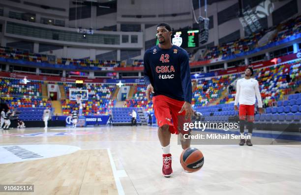 Kyle Hines, #42 of CSKA Moscow before the 2017/2018 Turkish Airlines EuroLeague Regular Season Round 20 game between CSKA Moscow and Brose Bamberg at...