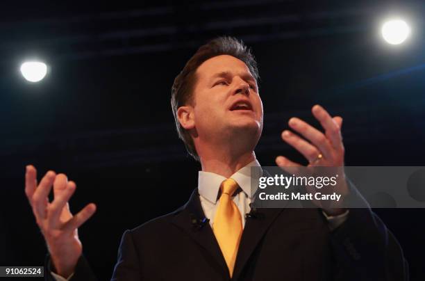 Leader of the Liberal Democrats, Nick Clegg makes his leadership speech at the Bournemouth International Centre on September 23, 2009 in Bournemouth,...