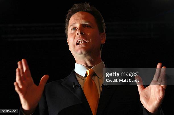 Leader of the Liberal Democrats Nick Clegg, makes his leadership speech at the Bournemouth International Centre on September 23, 2009 in Bournemouth,...