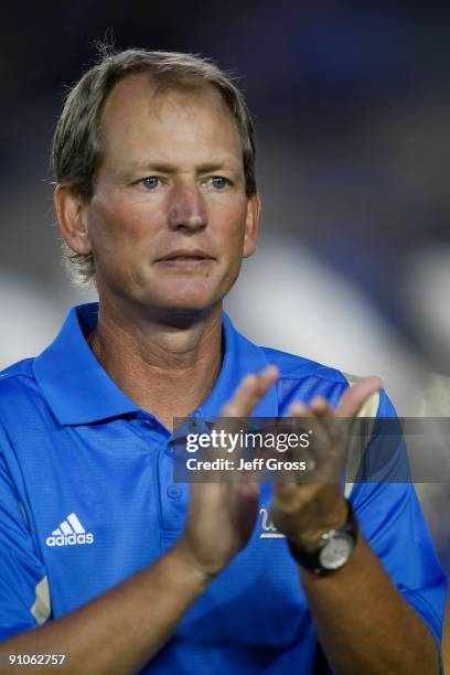 Bruins head coach Rick Neuheisel looks on from the sideline against the Kansas State Wildcats at the Rose Bowl on September 19, 2009 in Pasadena,...