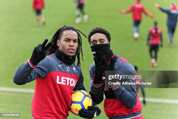 Renato Sanches and Leroy Fer give the victory sign to the camera during the Swansea City Training at The Fairwood Training Ground on January 25, 2018...