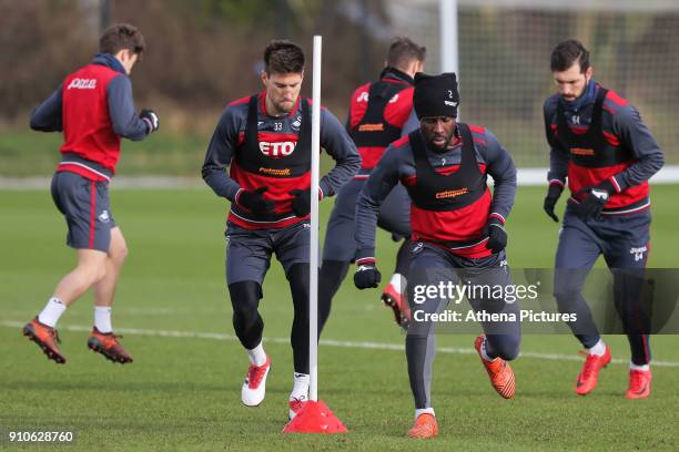 Wilfried Bony and team mates in action during the Swansea City Training at The Fairwood Training Ground on January 25, 2018 in Swansea, Wales.