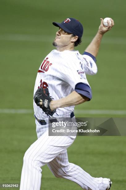 Joe Nathan of the Minnesota Twins pitches to the Oakland Athletics on September 13, 2009 at the Metrodome in Minneapolis, Minnesota. The Twins won...