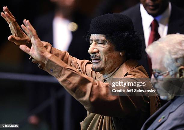 Libyan leader Col. Moammar Gadhafi finishes an address at the 64th General Assembly at United Nations Headquarters on September 23, 2009 in New York...