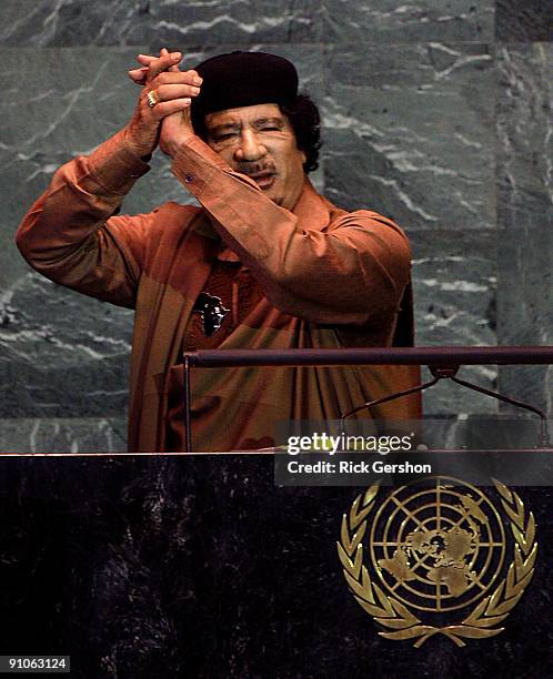 Libyan leader Col. Moammar Gadhafi finishes address to the United Nations General Assembly at the U.N. Headquarters on September 23, 2009 in New York...