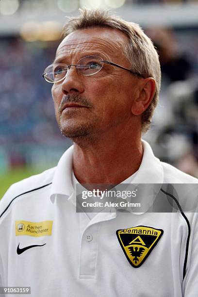 New head coach Michael Krueger of Aachen looks on before the DFB Cup second round match between Eintracht Frankfurt and Alemannia Aachen at...