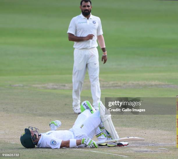 Mohammed Shami of India looks on after the ball hits Dean Elgar of the Proteas during day 3 of the 3rd Sunfoil Test match between South Africa and...
