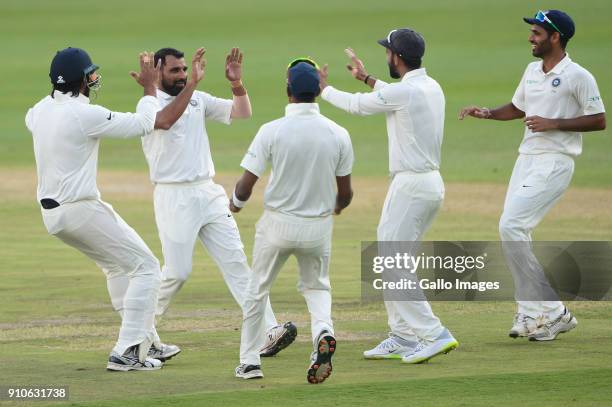 Mohammed Shami of India celebrates the wicket of Aiden Markram of the Proteas during day 3 of the 3rd Sunfoil Test match between South Africa and...
