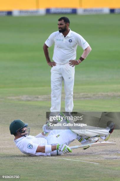 Mohammed Shami of India looks on after the ball hits Dean Elgar of the Proteas during day 3 of the 3rd Sunfoil Test match between South Africa and...