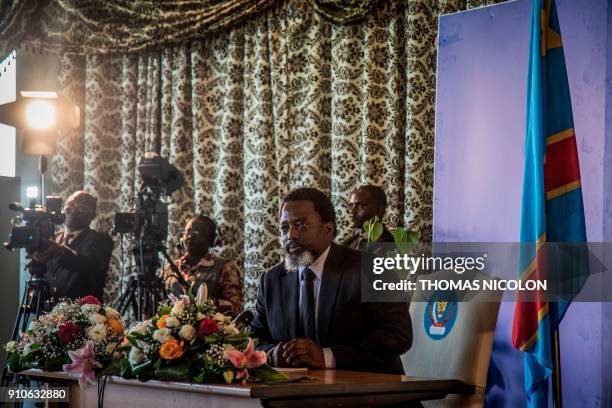 President of the Democratic Republic of Congo, Joseph Kabila, holds a press conference for the first time in five years on January 26, 2018 in...