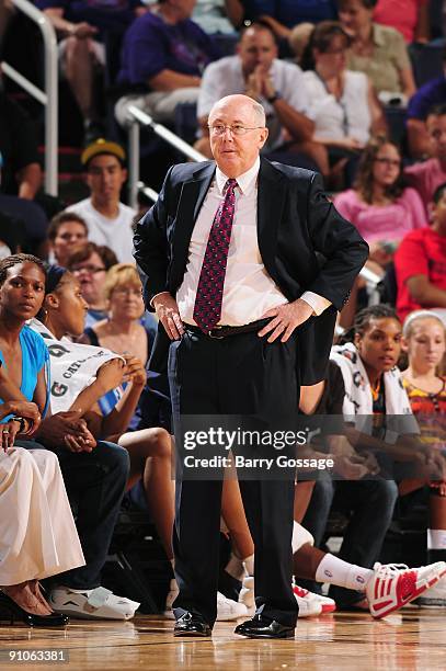 Head coach Mike Thibault of the Connecticut Sun looks on from the sideline during the game against the Phoenix Mercury on August 29, 2009 at U.S....