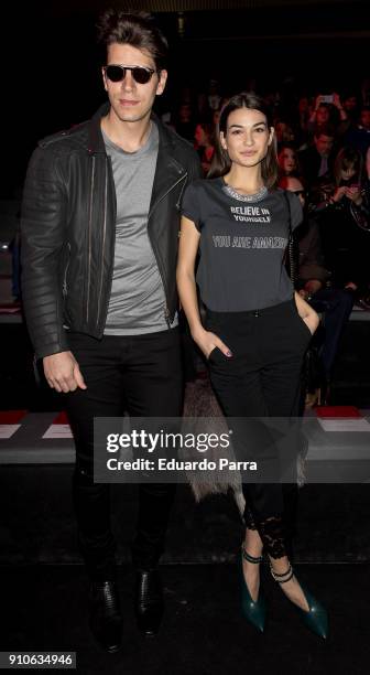 Diego Matamoros and model Estela Grande are seen at the Andres Sarda show during Mercedes-Benz Fashion Week Madrid Autumn/ Winter 2018-19 at Ifema on...