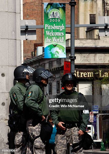 Members of the Allegheny County Police Department patrol the downtown area in advance of the G-20 Summit September 23, 2009 in Pittsburgh,...