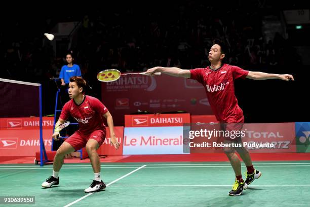 Marcus Fernaldi Gideon and Kevin Sanjaya Sukamuljo of Indonesia compete against Chen Hung Ling and Wang Chi Lin of Chinese Taipei during the Men's...