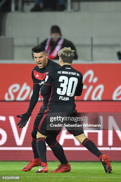 Alfredo Morales celebrates with teammate Thomas Pledl of Ingolstadt scoring his teams first goal during the Second Bundesliga match between SSV Jahn...