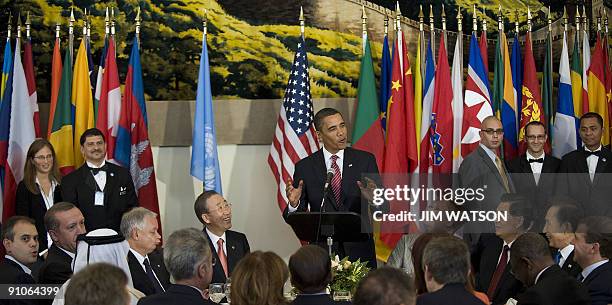 President Barack Obama addresses world leaders during a luncheon during the United Nations General Assembly at UN Headquarters in New York, NY,...