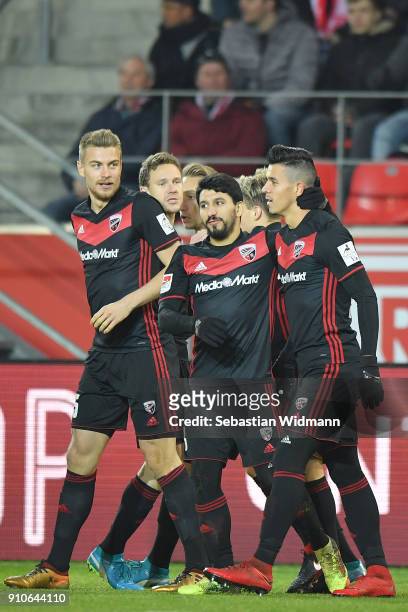 Alfredo Morales of Ingolstadt celebrates with teammates Almog Cohen and Hauke Wahl scoring his teams first goal during the Second Bundesliga match...