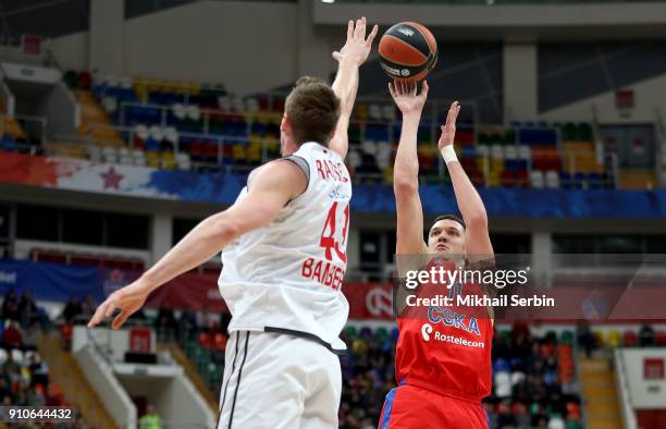 Semen Antonov, #11 of CSKA Moscow competes with Leon Radosevic, #43 of Brose Bamberg in action during the 2017/2018 Turkish Airlines EuroLeague...