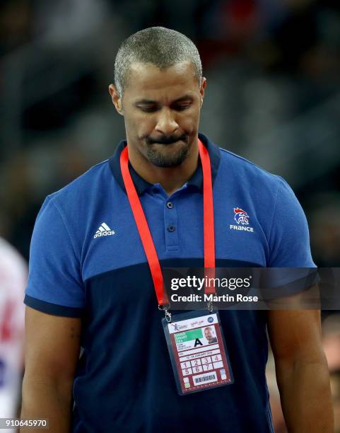 Didier Dinart, head coach of France reacts during the Men's Handball European Championship semi final match between France and Spain at Arena Zagreb...