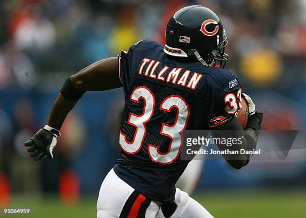 Charles Tillman of the Chicago Bears runs with the ball after intercepting a pass against the Pittsburgh Steelers on September 20, 2009 at Soldier...