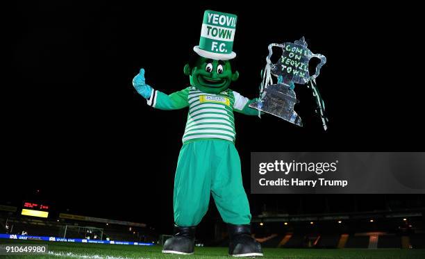 Jolly Green Giant, The Yeovil Town mascot poses with a Tin Foil FA Cup during The Emirates FA Cup Fourth Round match between Yeovil Town and...