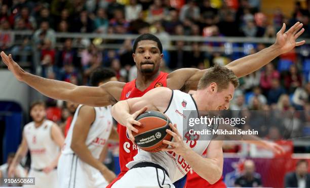 Leon Radosevic, #43 of Brose Bamberg competes with Kyle Hines, #42 of CSKA Moscow in action during the 2017/2018 Turkish Airlines EuroLeague Regular...