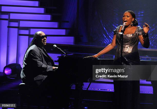 Stevie Wonder and Jennifer Hudson on stage at Brooklyn Academy of Music on September 17, 2009 in New York, New York.