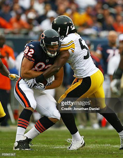 Greg Olsen of the Chicago Bears is hit by James Farrior of the Pittsburgh Steelers after catching the ball on September 20, 2009 at Soldier Field in...